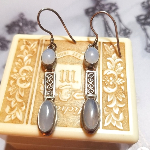 Vintage Jewelry - VTG Moonstone Long Sterling Silver Filigree Artisan Earrings